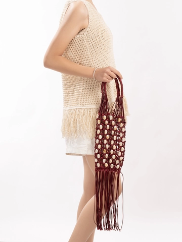 Bohemian Hand Woven Wax Rope Handbag For Women Vintage Beaded Tassel Shoulder Bag Beach Vacation Travel Ethnic Style Woven Purse