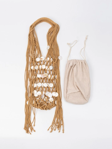 Women Bohemian Handmade Woven Shell Shoulder Bag Tassel Vacation Beach Net Bag With Drawstring Inner Pouch Casual Bucket Handbag