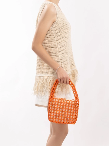 Bolso de Mano Artesanal de Cuentas de Madera para Mujer Bolso Tejido Calado Con Bolsa Interior para Vacaciones de Verano