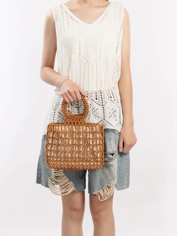 Handmade Wooden Bead Handbag Women Bohemian Hollow Out Woven Beach Bag With Cotton Lining Retro Casual Round Handle Travel Tote Bag