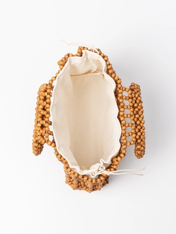 Handmade Wooden Bead Handbag Women Bohemian Hollow Out Woven Beach Bag With Cotton Lining Retro Casual Round Handle Travel Tote Bag