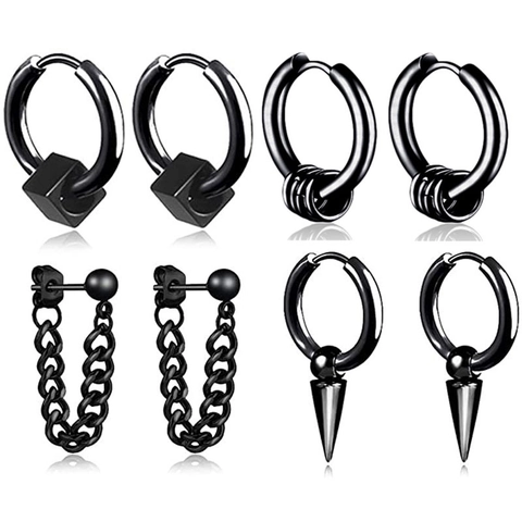 Set di Orecchini da Uomo Punk Neri in Acciaio Inossidabile Cubo Punta Catena Cerchio Orecchini a Bottone Gioielli Gothic Rock
