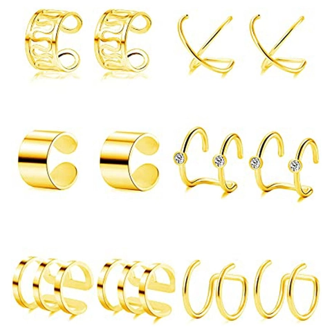 Gold Plated Stainless Steel Ear Cuffs For Women Geometric Wave Hollow Cross Rhinestone No Piercing Clip On Earrings Jewelry Set