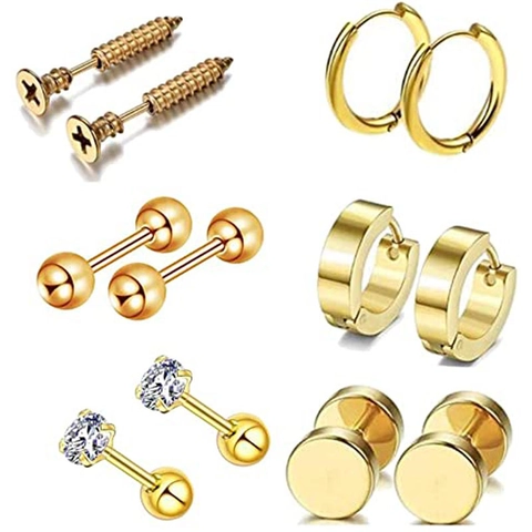 316L Stainless Steel Gold Plated CZ Zirconia Screw Ball Hoop Barbell Stud Earrings Set For Men Women Punk Rock Jewelry