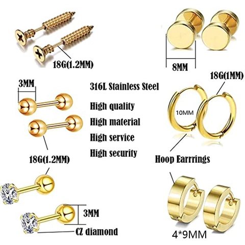 316L Stainless Steel Gold Plated CZ Zirconia Screw Ball Hoop Barbell Stud Earrings Set For Men Women Punk Rock Jewelry