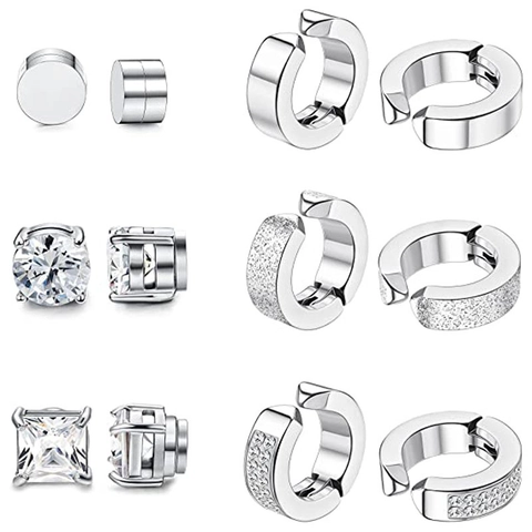 Pendientes Magnéticos de Acero Quirúrgico Juego de Clips para Oreja de Zirconia Plateado Dorado Negro Joyería para Hombre Mujer