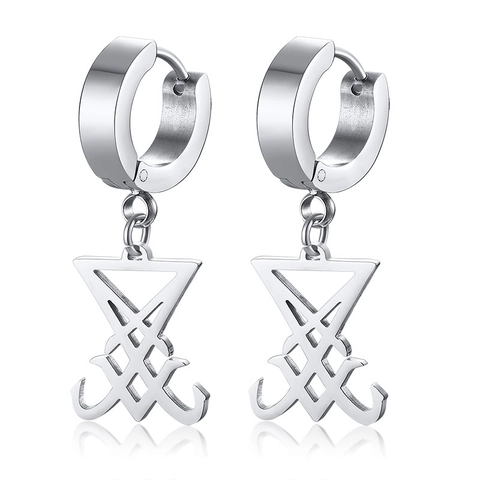 Sigil Of Lucifer Stainless Steel Hoop Earrings For Men Women Gothic Punk Inverted Triangle Pendant Jewelry Gift