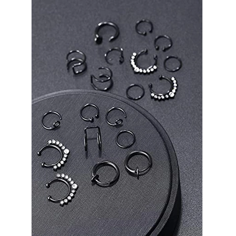Black Stainless Steel Non Piercing Fake Nose Rings Zirconia Hoop Earrings Ear Cuffs Septum Lip Piercing Jewelry For Women Men