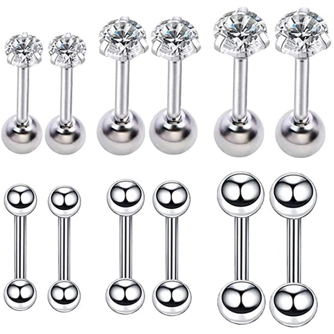 Stainless Steel Cubic Zirconia Piercing Earring Set Cartilage Stud Earrings Silver Barbell Body Jewelry For Men Women