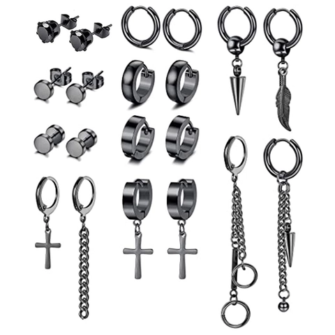 Punk Black Stainless Steel Alloy Earrings Cross Spike Feather Dangle Hoop Stud Earrings Gothic Streetwear Men Women Jewelry