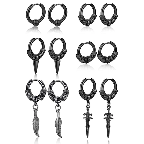 Men's Punk Black Hoop Earrings Set Gothic Stainless Steel Dragon Leaf Sword Feather Pendant Rock Hip Hop Jewelry Earrings