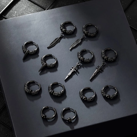 Men's Punk Black Hoop Earrings Set Gothic Stainless Steel Dragon Leaf Sword Feather Pendant Rock Hip Hop Jewelry Earrings
