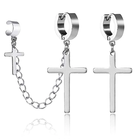 Punk Stainless Steel Cross Pendant Stud Earrings For Men Women Gothic Chain Ear Cuff Earring Hoop Black Silver Jewelry