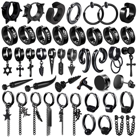 Men's Black Stainless Steel Stud Earrings Punk Cross Star Pendant Hoop Earrings Hip Hop Jewelry With Chain Dangle Charms
