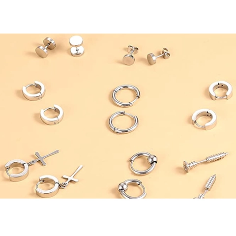 Punk Edelstahl Ohrring Set Für Herren Damen Silber Kreuz Anhänger Creolen Schraube Ohrstecker Hantel Gothik Schmuck