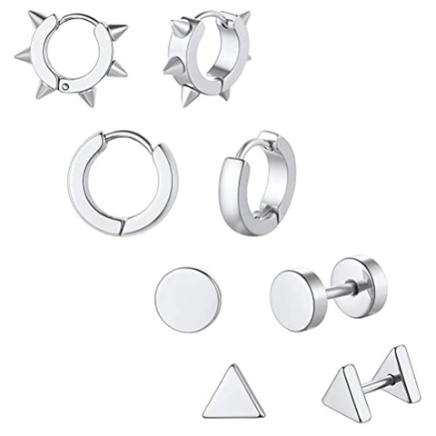 Edelstahl Ohrring Set Für Damen Herren Silber Punk Stachel Niet Huggie Hoop Ohrringe Rund Dreieck Hantel Ohrstecker Schmuck