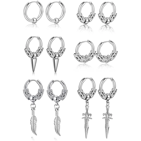 Silver Dragon Pattern Leaf Sword Spike Pendant Hoop Earrings For Men Punk Hip Hop Metal Jewelry Gothic Retro Ear Buckle