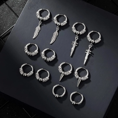 Silver Dragon Pattern Leaf Sword Spike Pendant Hoop Earrings For Men Punk Hip Hop Metal Jewelry Gothic Retro Ear Buckle