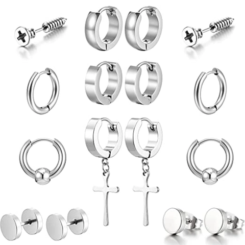 Punk Edelstahl Ohrring Set Für Herren Damen Silber Kreuz Anhänger Creolen Schraube Ohrstecker Hantel Gothik Schmuck