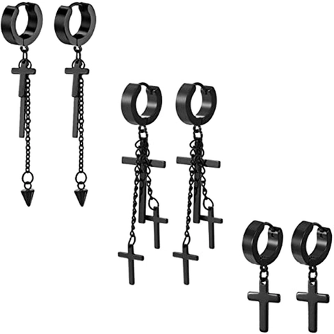 Black Stainless Steel Cross Pendant Hoop Earrings Punk Gothic Chain Spikes Dangle Earrings Jewelry Gift For Men