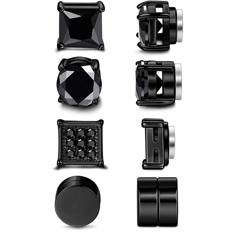 Men Black Magnetic Stud Earrings Non Pierced Alloy Zirconia Square Round Geometric Clip On Jewelry No Ear Hole Earrings