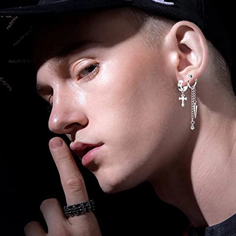 Punk Stainless Steel Hoop Dangle Earrings For Men Women Silver Cross Lightning Sword Hexagram Razor Blade Jewelry Gift