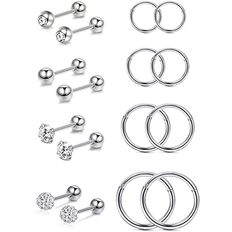 Stainless Steel Piercing Jewelry Set Silver Zirconia Stud Earrings Nose Rings Cartilage Helix Hoop Daily Jewelry