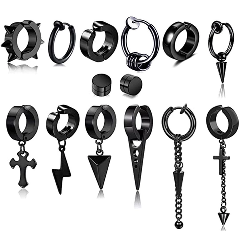 Black Punk Earring Set For Men Women Stainless Steel Cross Triangle Lightning Spike Ear Clip Stud Jewelry No Piercing Gothic
