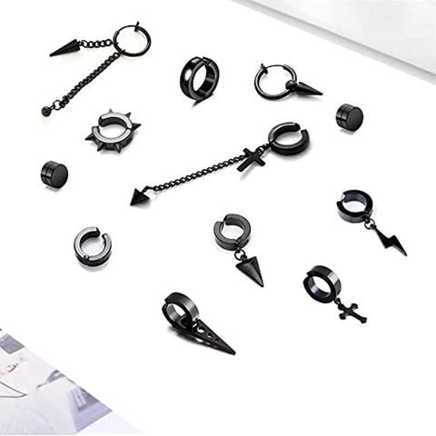 Black Punk Earring Set For Men Women Stainless Steel Cross Triangle Lightning Spike Ear Clip Stud Jewelry No Piercing Gothic
