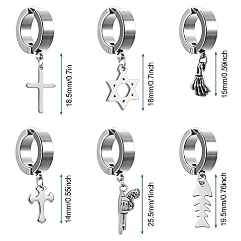 Punk Stainless Steel Clip On Earrings For Men Women Cross Hexagram Pistol Skeleton Hand Fish Bone Vintage Gothic Jewelry