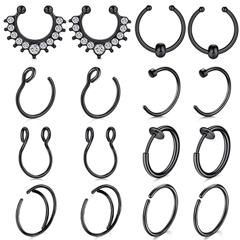 Black Stainless Steel Nose Rings Zircon Inlaid C-Shape Hoop Horseshoe Stud Ear Cartilage Piercing Jewelry Unisex
