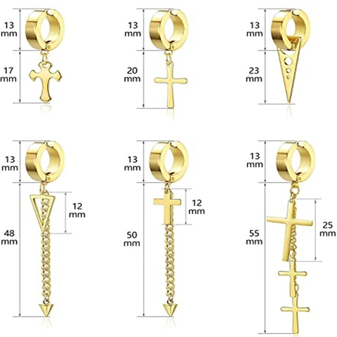 Gold Plated Alloy Cross Dangle Hoop Earrings For Men Women Hip Hop Punk Style Chain Triangle Pendant Clip On Jewelry