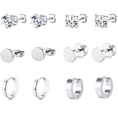 Pendientes de Botón Plateados Para Hombres Mujeres Acero Inoxidable Zirconia Redondos Cuadrados Barbell Pendientes de Aro Joyería