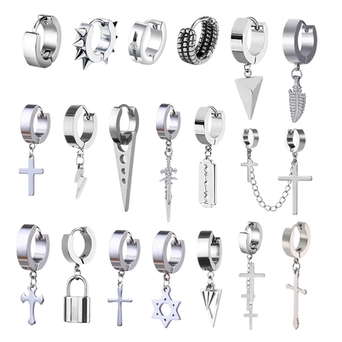 Punk Stainless Steel Hoop Dangle Earrings For Men Women Silver Cross Lightning Sword Hexagram Razor Blade Jewelry Gift
