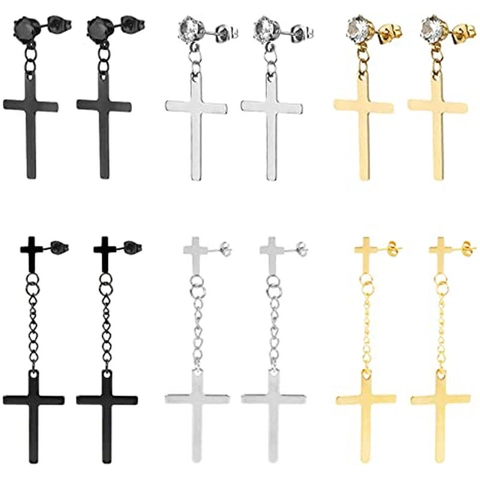 Cross Stud Earrings For Men Women Stainless Steel Alloy Zirconia Pendant Long Chain Dangle Earrings Gothic Punk Jewelry Black Silver Gold