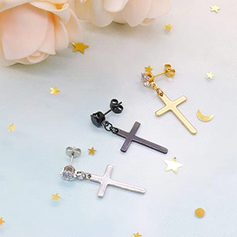 Cross Stud Earrings For Men Women Stainless Steel Alloy Zirconia Pendant Long Chain Dangle Earrings Gothic Punk Jewelry Black Silver Gold