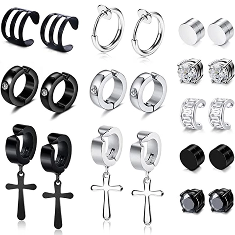 316L Stainless Steel Non-Pierced Earring Set For Men Women Magnetic Studs Cross Pendant Ear Cuffs Hoop Clips Zirconia