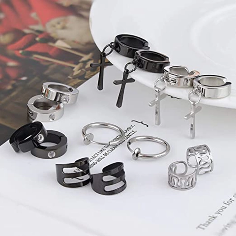 316L Stainless Steel Non-Pierced Earring Set For Men Women Magnetic Studs Cross Pendant Ear Cuffs Hoop Clips Zirconia