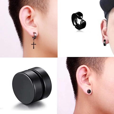 Boucles d'Oreilles Non Percées Hommes Métal Magnétiques Boucles d'Oreilles Clous Punk Anneaux Avec Pendants Croix Noir Couleur Acier Bijoux