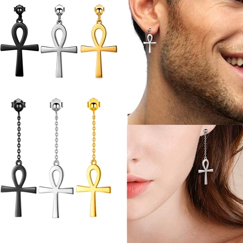 Vintage Ankh Cross Stud Earrings For Men Women Stainless Steel 925 Sterling Silver Earring Post Chain Dangle Earrings Gothic Jewelry Gift