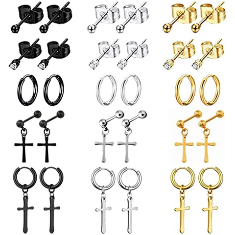 Stainless Steel Cross Dangle Earrings Round Ball Stud Earrings Hoop Earrings For Men Women Hip Hop Punk Jewelry Combination