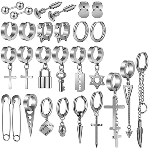 Ensemble de Boucles d'Oreilles Clous Punk en Acier Inoxydable Hommes Femmes Argent Croix Clé Crâne Lame Épingle de Sûreté Bijoux Gothiques