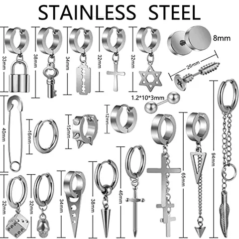 Stainless Steel Punk Stud Earrings Set For Men Women Silver Cross Key Skull Blade Safety Pin Dice Charms Gothic Jewelry