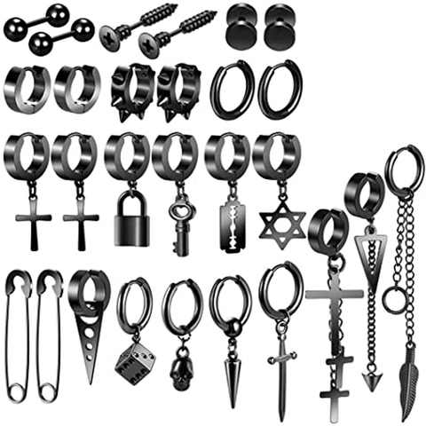 Black Stainless Steel Punk Earrings Set For Men Women Gothic Cross Skull Blade Dice Lock Pin Stud Drop Hoop Earrings Jewelry