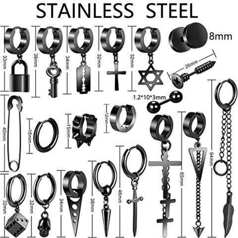 Black Stainless Steel Punk Earrings Set For Men Women Gothic Cross Skull Blade Dice Lock Pin Stud Drop Hoop Earrings Jewelry