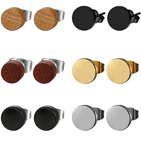 Minimalist Wood Stainless Steel Stud Earrings Unisex Round Disc Wood Grain Earrings Set For Daily Office Wear Jewelry