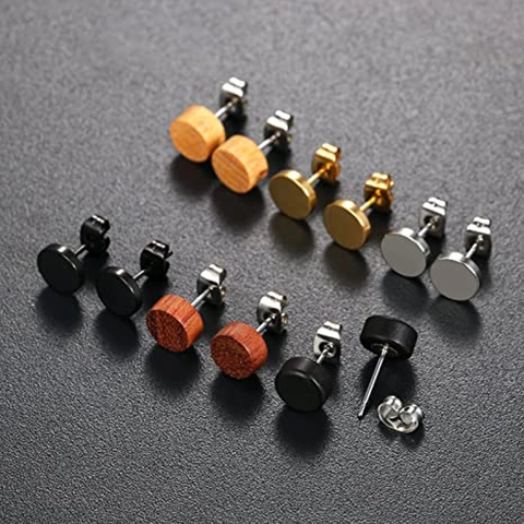 Minimalist Wood Stainless Steel Stud Earrings Unisex Round Disc Wood Grain Earrings Set For Daily Office Wear Jewelry