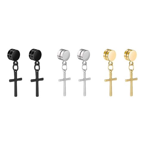 Pendientes Magnéticos de Acero Inoxidable con Colgante de Cruz para Orejas no Perforadas Joyería Punk Rock Unisex Clips