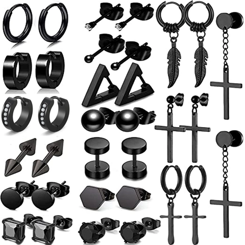 Black Stainless Steel Stud Earrings Hoop Earrings Collection For Men Women Punk Cross Triangle Zirconia Geometric Gothic Jewelry
