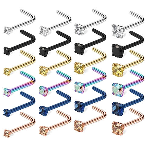 316L Stainless Steel L Shaped Nose Studs With Round Cubic Zirconia Inlaid Unisex Piercing Jewelry Multi Colors Daily Wear